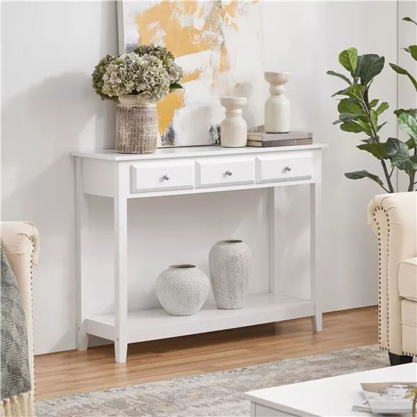 Console Table with 3 Drawers & Storage Shelves Wood Entryway Sofa Table White