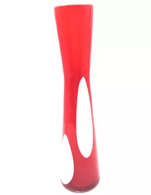 Pier 1 MCM Hand Blown Art Glass Vase Red Cased w/ White Circles  11" Tall