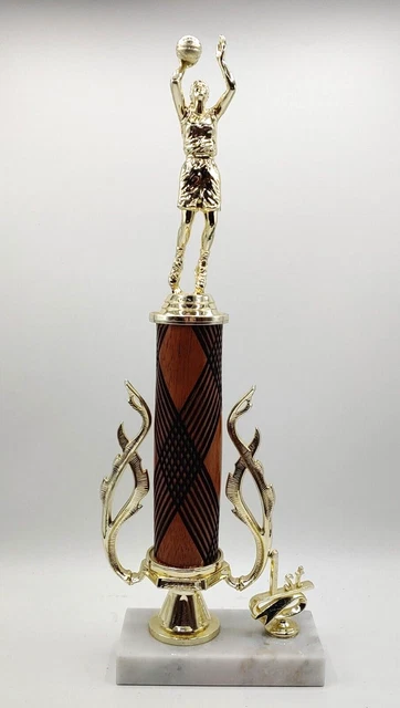 15.5" Female 1st place Basketball Trophy Brown wood Marble base Gold Flame