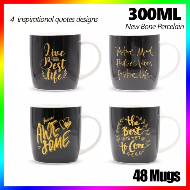 48x Inspirational Porcelain Mug 300ml Tea Coffee Drinking Cup Gift New Bone Blk