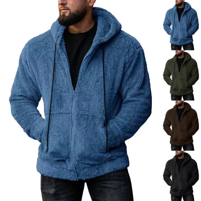 Men Winter Warm Fleece Jacket Zip Up Hooded Hoodie Fur Lined Casual Outwear Coat