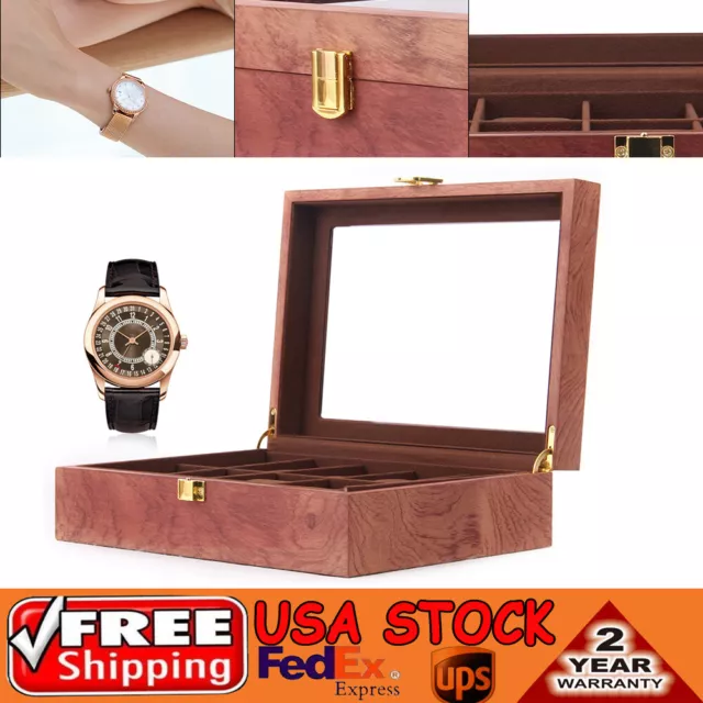 10 Slot Wood Watch Box Glass Top Vintage Display Jewelry Storage Organizer Cases