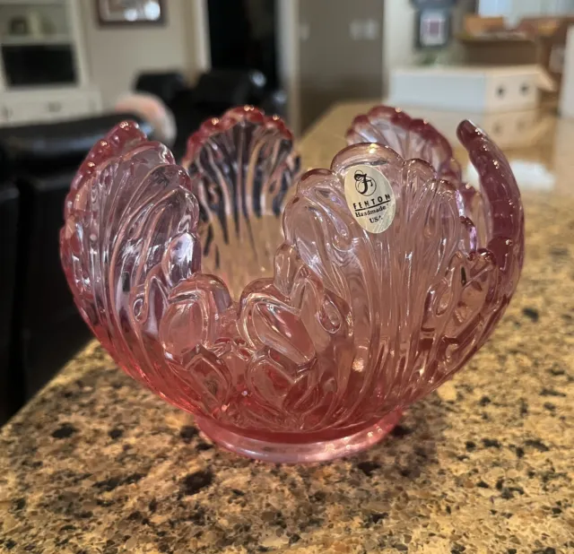 🌹 Vtg Fenton Art Glass Cranberry Pink Empress Lotus Leaf Dusty Rose Bowl Vase