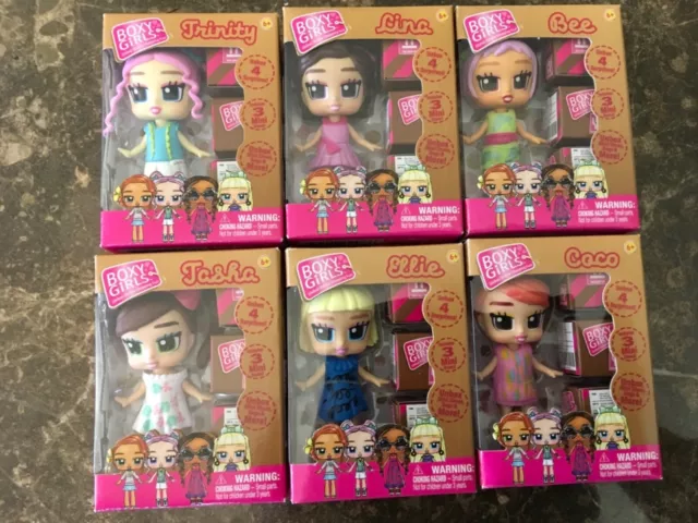 Boxy Girls MINI DOLLS Lina Ellie Coco Bee Trinity Tasha w/ Boxed Surprises 6 SET