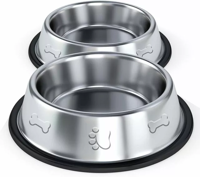 2x Large Dog Bowls Non Slip Pet Cat Puppy Stainless Steel Water Food Dish Bowl