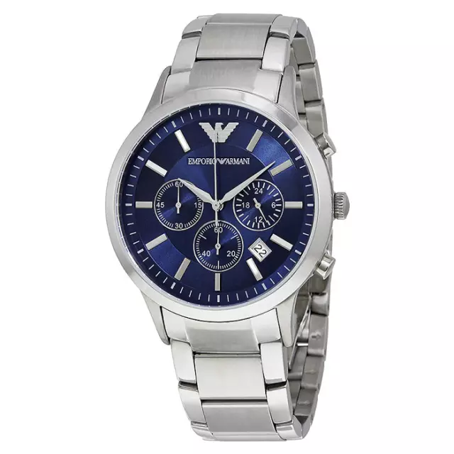 New Genuine Emporio Armani Mens Watch Ar2448 Stainless Steel Silver Blue Dial Uk