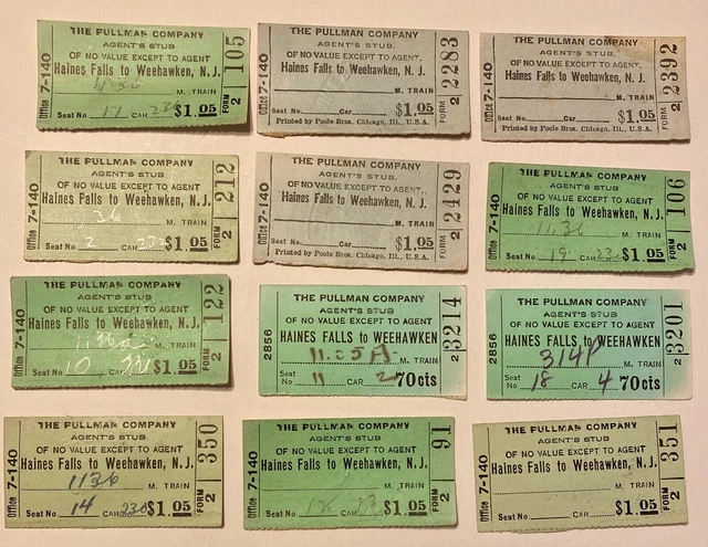 12 Ulster and Delaware Railroad NY Pullman Ticket Stubs 1920s