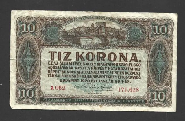 10 Korona Fine  Banknote From Hungary 1920  Pick-60
