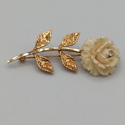 Vtg 12k Gold Filled  Catamore White Carved Rose Brooch