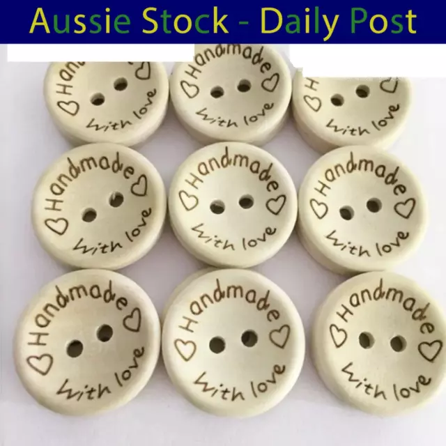25x 15mm "Handmade with Love" Round Wooden Buttons Handmade Clothes 2