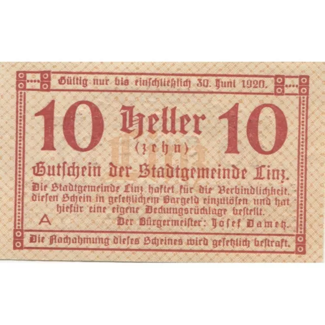 [#285261] Banknote, Austria, Linz, 10 Heller, Texte 1920-06-30, UNC, Mehl:FS