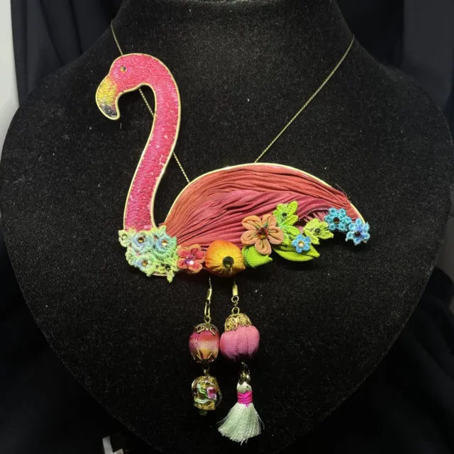 Necklace Giant pendant Michal Negrin Crystals Long Tie Flamingo made in Israel