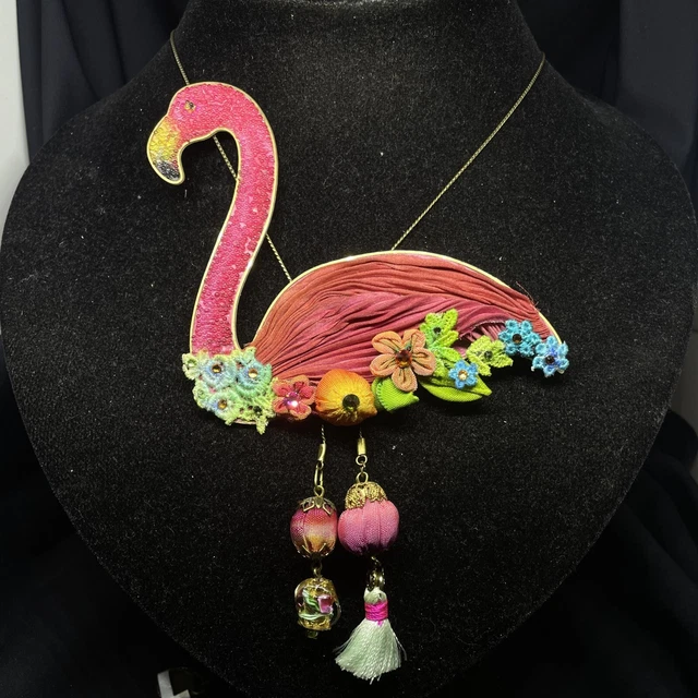 Necklace Giant pendant Michal Negrin Crystals Long Tie Flamingo made in Israel