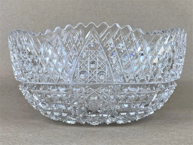 Antique Victorian American Brilliant Glass ABP Cut Crystal Hobstar 8" Bowl Dish 3