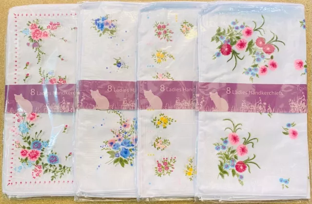 Paquete de 8 pañuelos para damas Hankies estampado floral blanco algodón poliéster