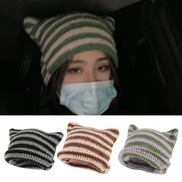 mignon Bonnet tricoté en laine Chapeau japonais Beanie Ins Petit Diable Rayé