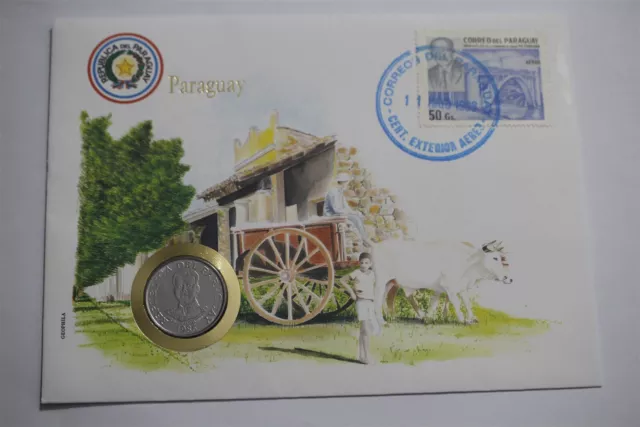 🧭 🇵🇾 Paraguay 50 Guaranies 1986 Coin Cover B48 #100