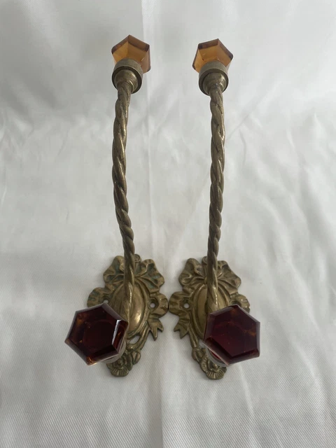 Pair 2 Antique Victorian Ornate Amber Glass Brass Hook Coat Hanger Wall Hardware 9