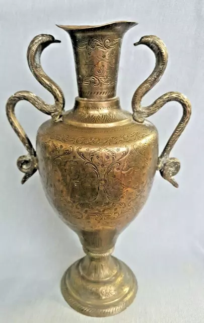 Antique Indo Persian Brass Urn Cobra Snake Twin Handles Deity 13" Tall Embossed