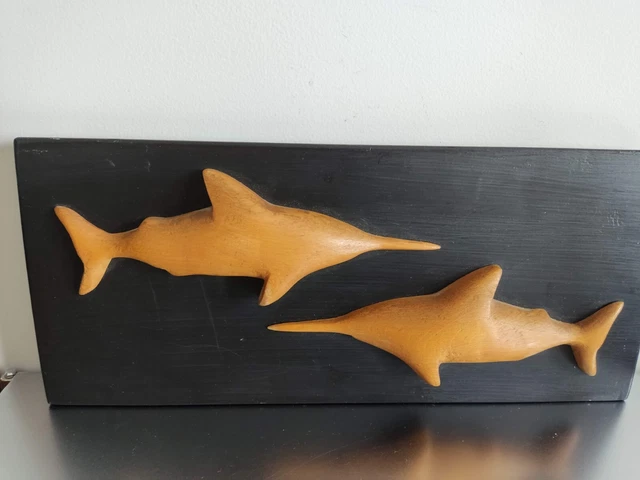 Vintage Hand Carved Solid  Wood Swordfish Wall Plaque 1960s