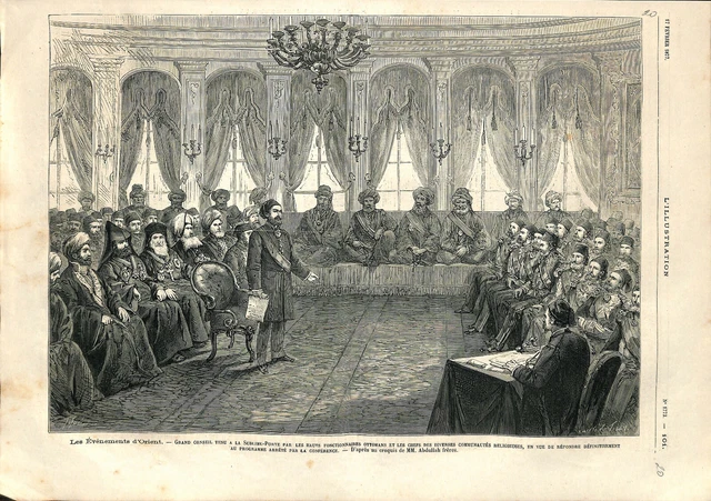Constantinople Grand conseil tenu la Sublime-Porte fonctionnaires GRAVURE 1877