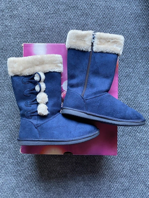 SO Marisa Girls Mid Calf Boot Faux Fur Lined Trim Navy Pom Pom Accent Size 3 NIB
