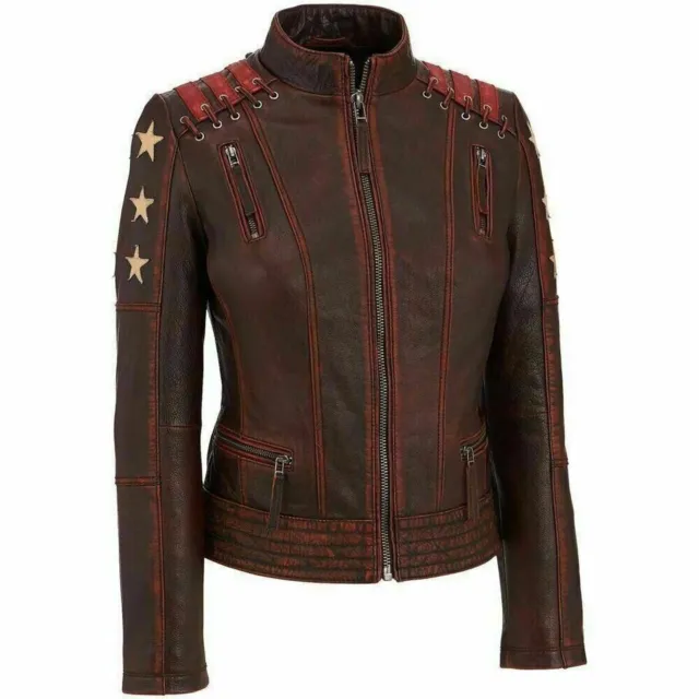 Women's Cafe Racer Ox Blood Vintage Style Red Waxed Cowhide Biker Leather Jacket