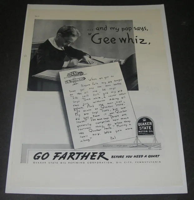 Print Ad 1937 QUAKER STATE Oil Gee Whiz Boy writing a letter about trip.