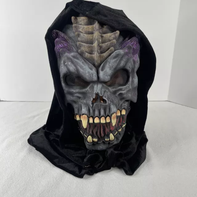 Evil Skeleton Mask Halloween Black Hood Fangs Rubber Scary Grim Reaper