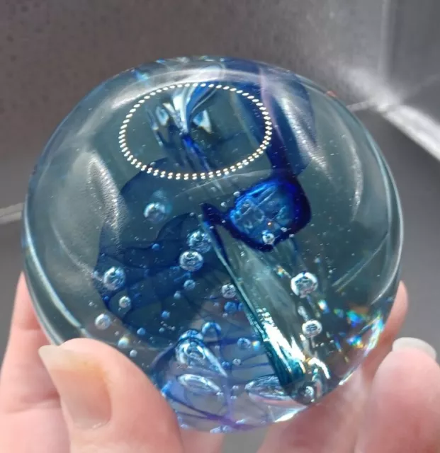 Beautiful Jim Karg Art Glass Round Paperweight Blue Bubble Veil Signed