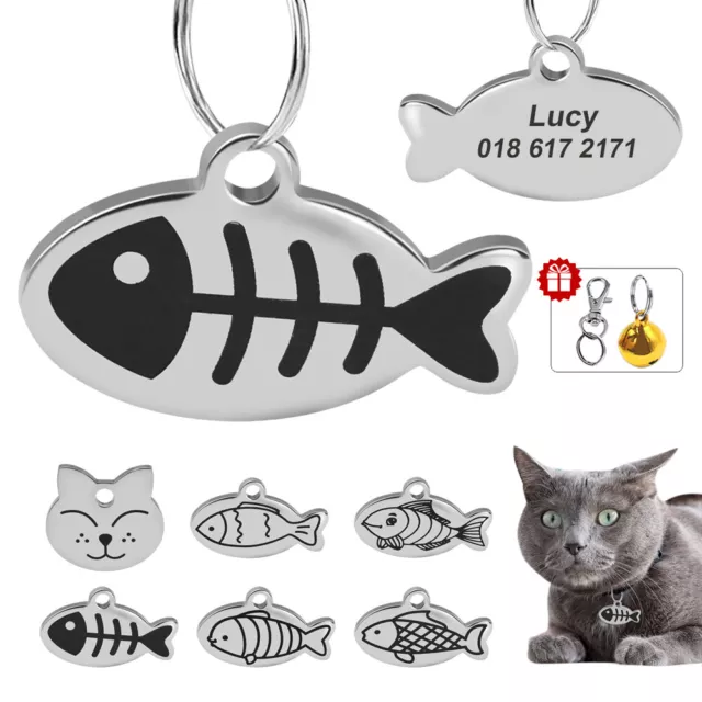 Fish Bone Cat ID Tags Engraved Personalised Kitten Pet Name Number Address Disc