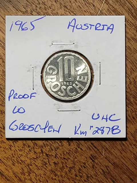 Austria 10 groschen coin, 1965. KM# 2878, aluminum. Proof. Uncirculated.