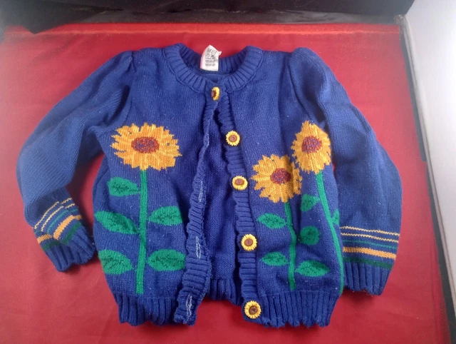 Vtg SUNFLOWERS ALL OVER PRINT Button Down Acrylic Sweater Size 4T Toddler *573