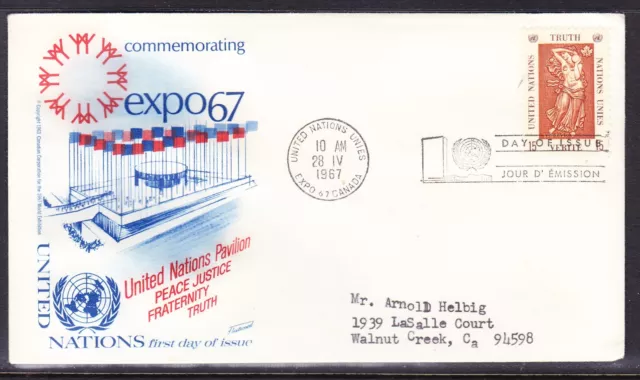 United Nations "Fleetwood"  - 1967 - Expo Truth   First Day Cover Addressed