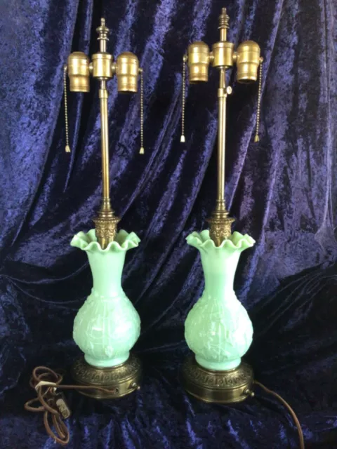 2) Antique Green Jadeite Fenton Lamps w/ Double Bulb and Cloth Covered Cord