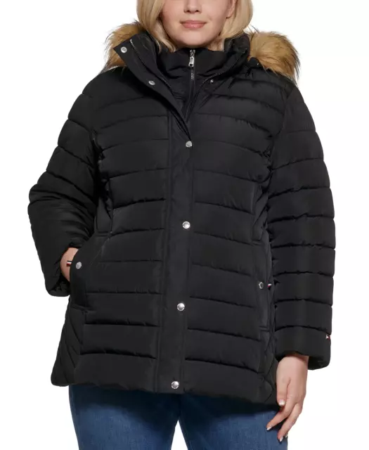 TOMMY HILFIGER WOMENS Plus Size 1X Faux-Fur-Trim Hooded Puffer Coat ...