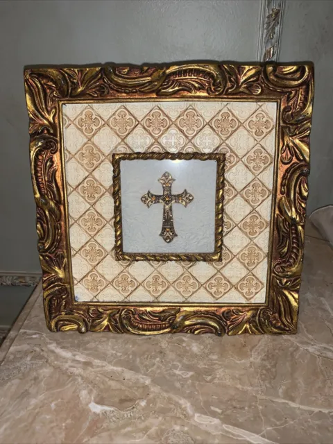 Gorgeous Ornate Gold Cross Shadow Box Frame With Crystals 8.5x8.5 EUC!
