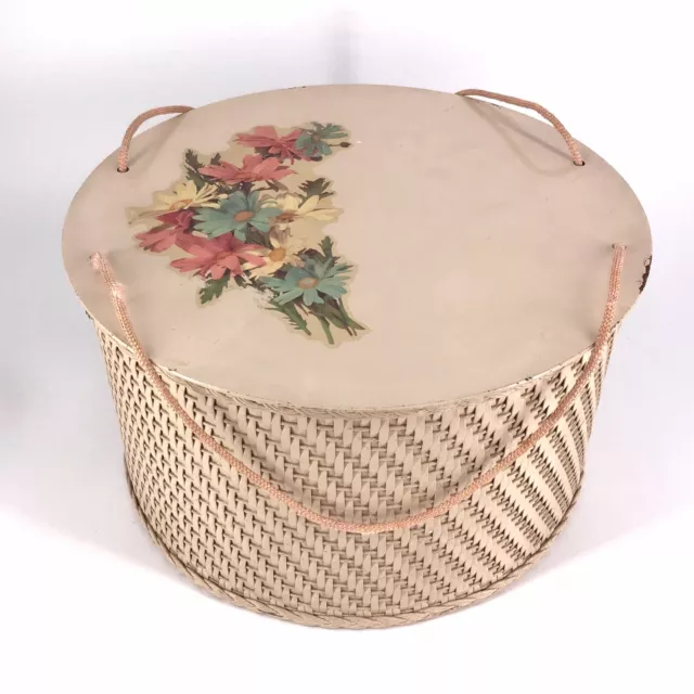 Vintage Sewing Basket Princess Wicker Wood Round Floral Decal Box Beige