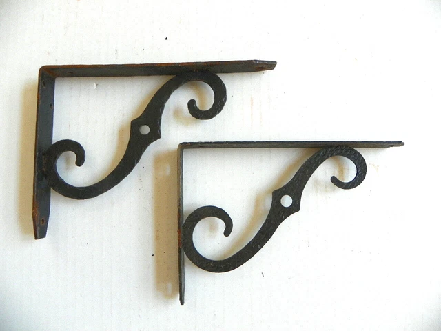 2  Vintage Scroll Hammered Finish Shelf Brackets, 8" X 6", Black