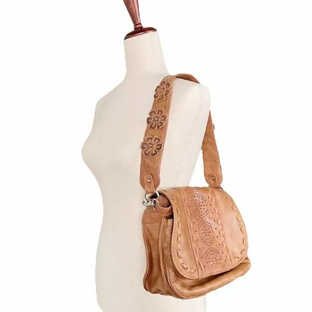 Kensie Floral Tooled Tan Faux Leather Boho Shoulder Bag Convertible Crossbody
