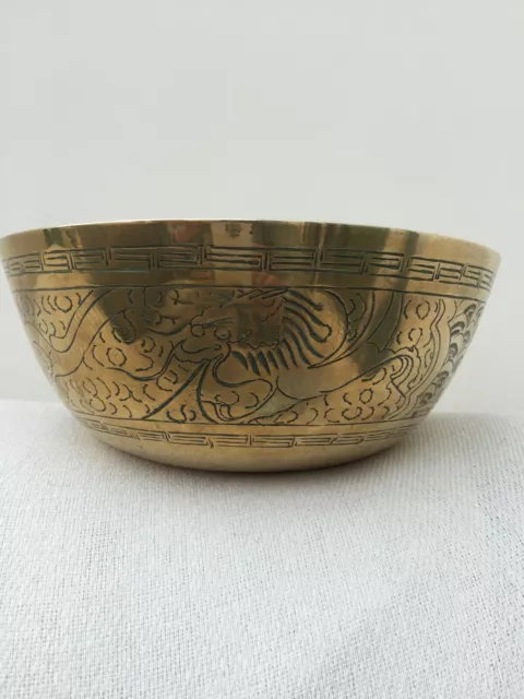 Large Antique Chinese Brass Charger Bowl. Engraved. Very Good Condition.