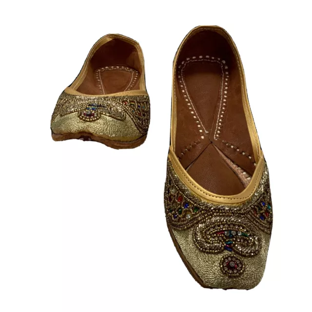 Punjabi jutti khussa Gold wedding Beaded Bridal Mojari Flat Jooti Shoe Size 6