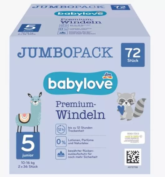 ⭐ Babylove Windeln Premium Gr. 5 Junior (10-16 kg) Jumbo Pack 72 St ⭐