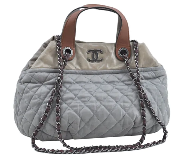 AUTHENTIC CHANEL CC Logo 2Way Chain Shoulder Tote Bag Purse Leather Gray  K0932 $940.00 - PicClick