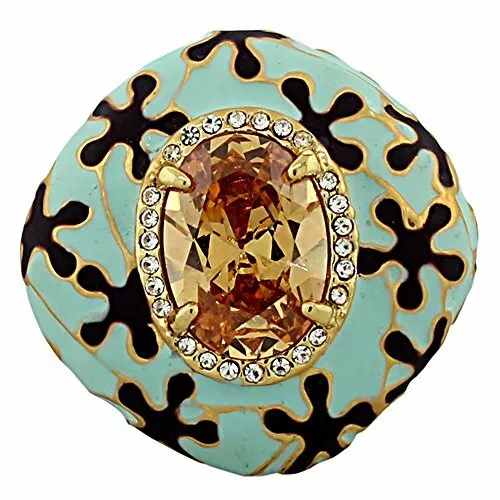 Fashion Alloy Gold-Tone Turquoise-Tone Brown CZ Large Statement Cocktail Ring