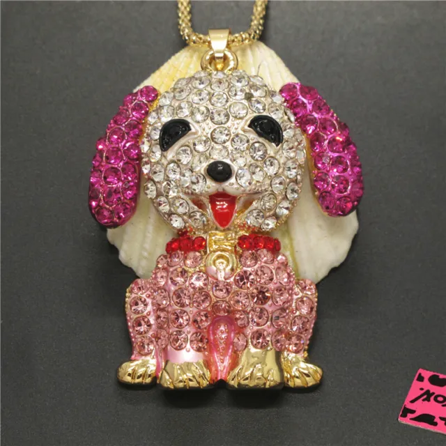 Hot Cute Pink Dog Puppy Animal Crystal Holiday gifts Pendant Chain Necklace