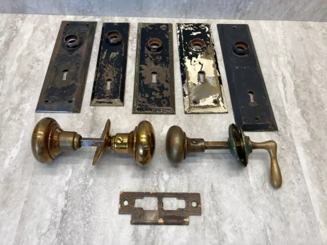 Vintage Door knob parts. Reclaimed Salvage with plates-Brass Plated