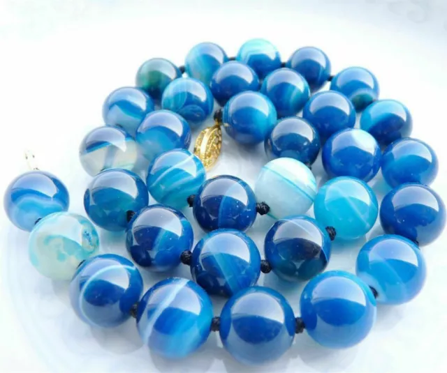 10Mm Antique Art Deco Genuine Rare Blue Chalcedony Agate Beads Necklace Aa