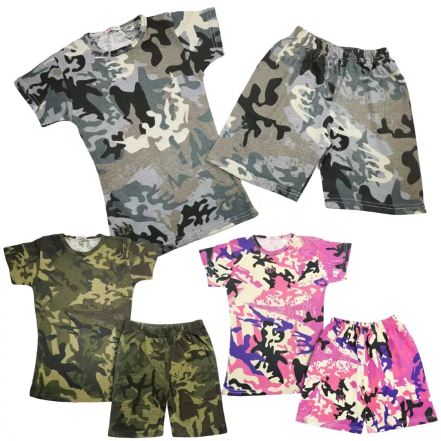 Kids Girls Shorts 100% Cotton Camouflage Print Summer T Shirt & Shorts Set 5-13Y