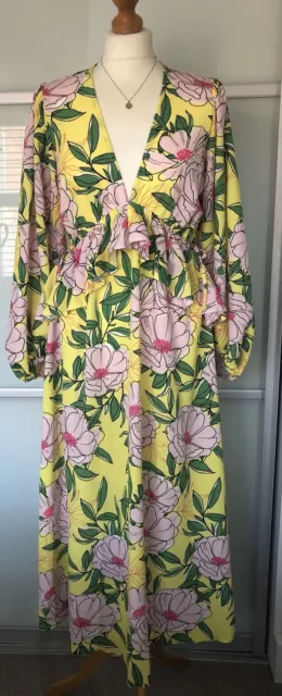 Ladies Yellow Floral MIDI Dress From Zack London Size 10 Brand New With Label
